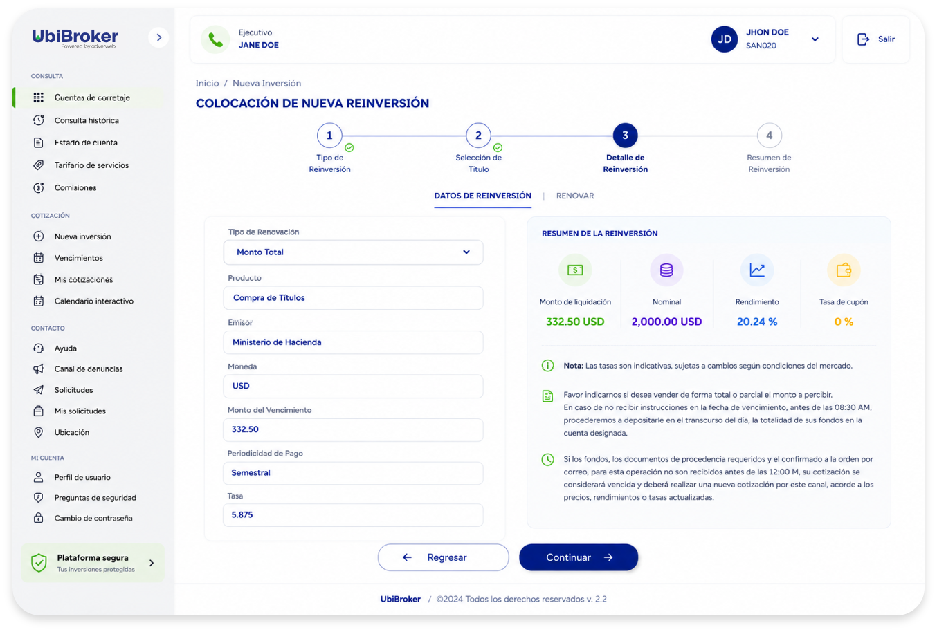 Operaciones de inversión en UbiBroker